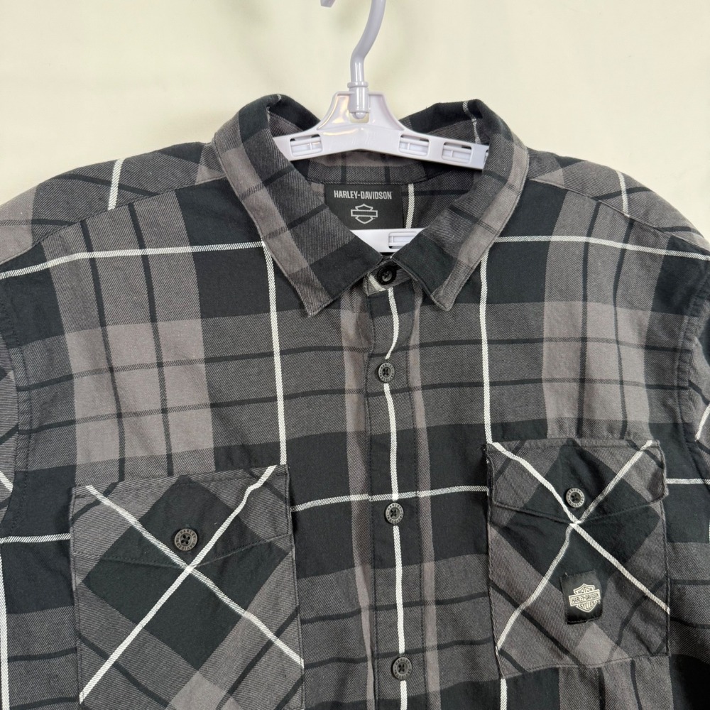 Harley Davidson Mens Plaid Flannel Button Down Shirt Grey Black 96458-24VM XL